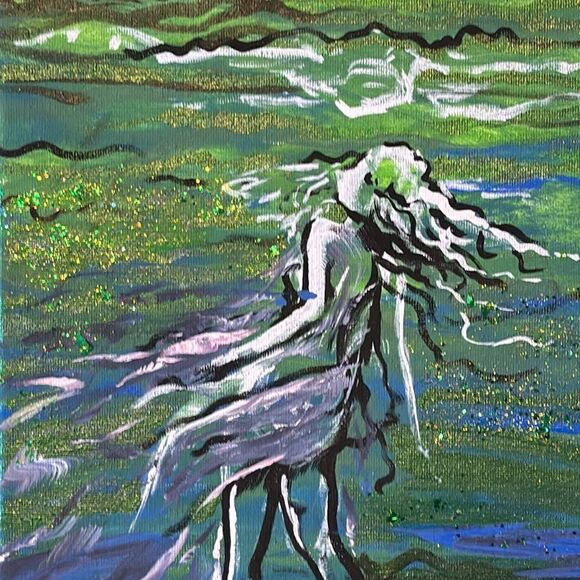 Original Acrylic Painting with Glitter- Underwater Woman swimming 8x10 - Picture 1 of 7